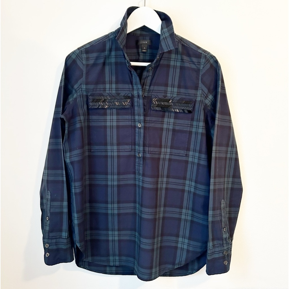 J.‎ Crew Blackwatch Plaid Chevron beaded popover shirt - Size 2